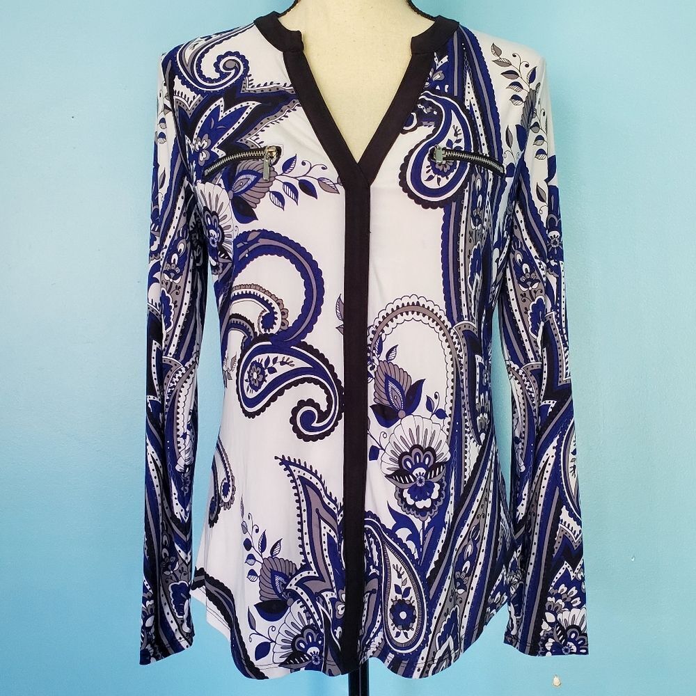 INC International Concepts White/Blue Floral Zipper Detail Long Sleeve Blouse